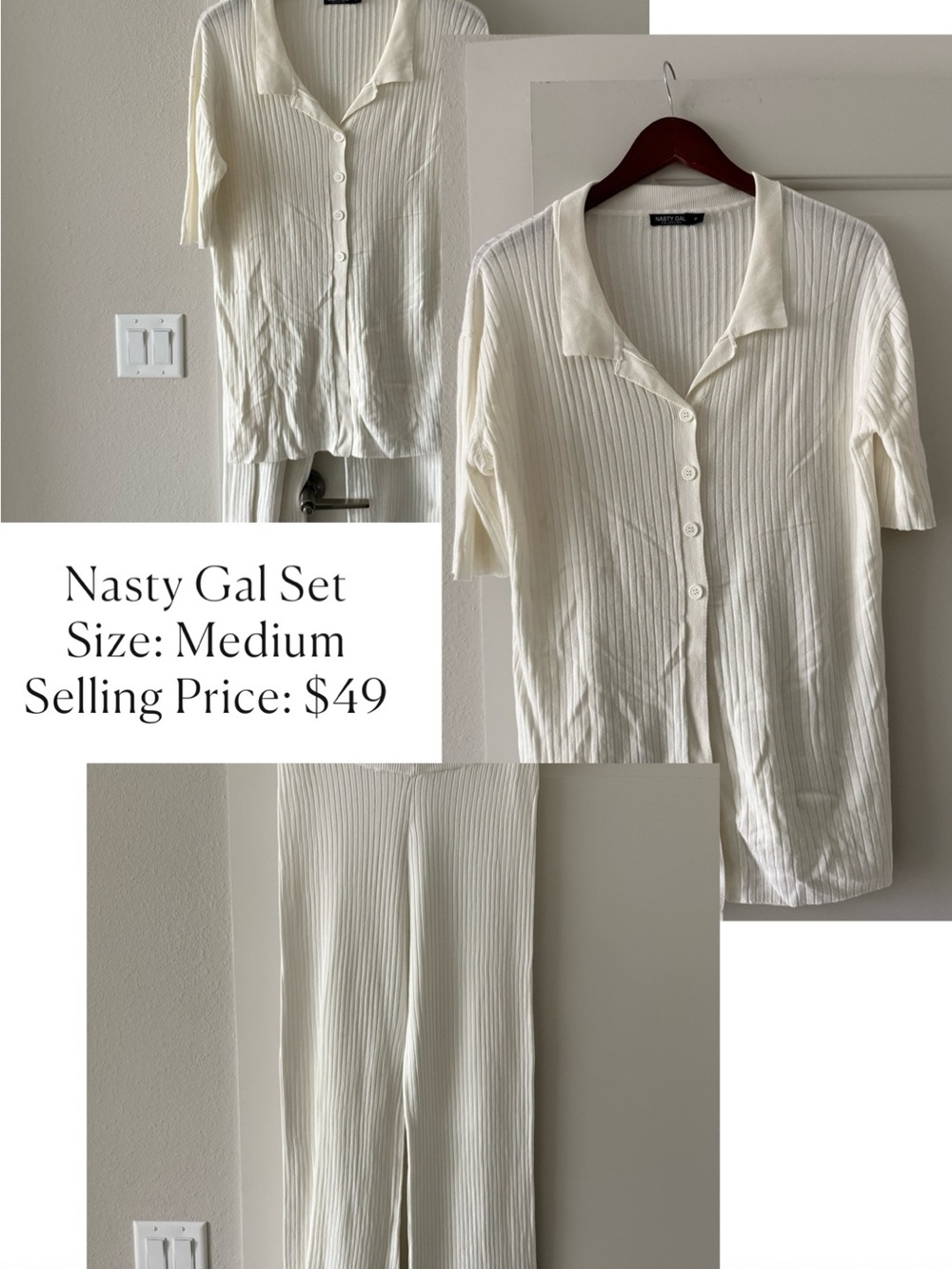 Nasty Gal Cream Ribbed Button-Up Top & Matching Pants
